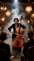 Fototapeta premium Smiling female musician elegantly playing cello in atmospheric smoky vintage cabaret hall