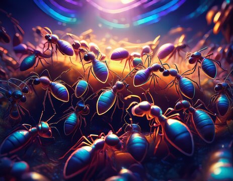 close up ant swarm under light psychedelic