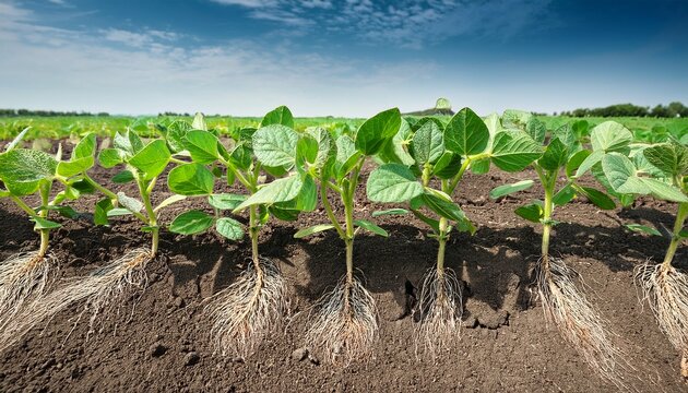 fresh green soybean plants with roots