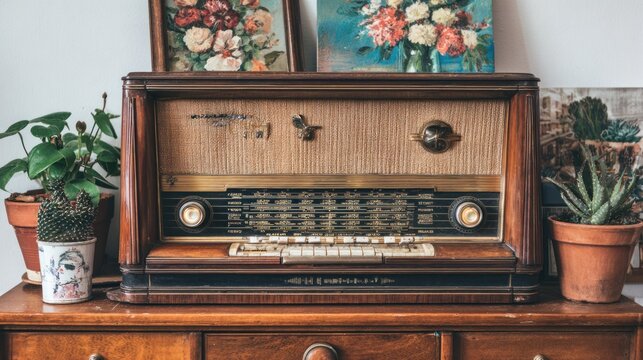 Vintage radio on wooden cabinet with potted plants and floral art