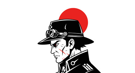 A steampunk man wearing a black hat and goggles stands against a red sun. © Byone