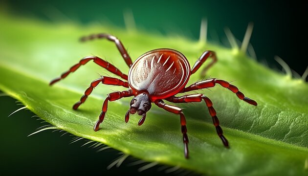 interesting tick on a green leaf dangerous parasite and carrier of infection ixodes ricinus