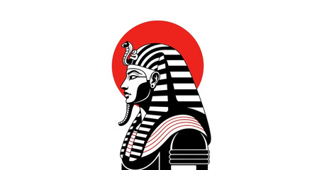 Egyptian pharaoh wearing striped headdress stands before red sun © Byone