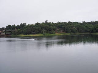 Fototapeta premium Moning views with fisherman at Sangkhlaburi, Kanchanaburi, Thailand