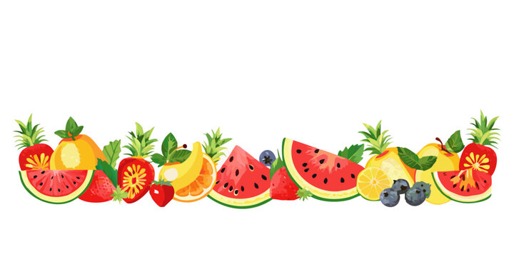 Assorted tropical and summer fruit border illustration, vector