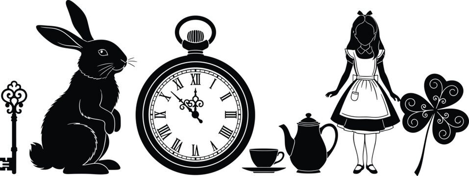 Collection of black silhouettes featuring Alice in Wonderland elements including white rabbit pocket watch teapot girl and vintage skeleton key