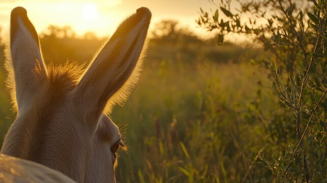 A donkey's ear illuminated by golden sunset light