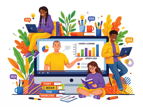 Students learning and studying together with laptops and books and teacher on computer screen  vibrant learning concept