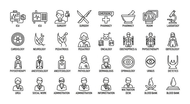 Collection of medical and healthcare icons representing various medical specialties and services.