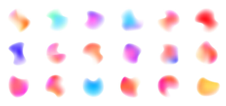 PNG. Grain set neon blob with noise texture on white background. Watercolor blur mesh creates soft abstract color flow. Modern minimal aesthetic for branding.