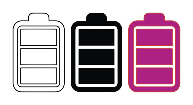 Battery charge level indicator icon set, full power energy status symbol, three distinct battery vector graphics for technology and power concepts isolated on White Background