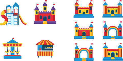 Fototapeta premium Colorful amusement park icon set featuring bouncy castles carousel playground slides and food stall for children party vector illustration.
