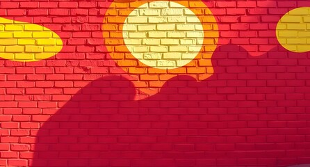 Naklejka premium Vibrant Street Art Mural with Silhouettes and Bright Colors on Brick Wall, Urban Graffiti Scene, Modern Artistic Expression, Creative Wall Design, Colorful Street Art