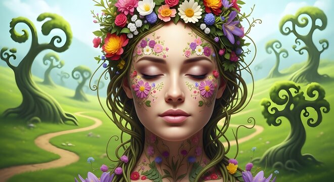 Whimsical Mother Nature portrait with floral crown, ethereal forest goddess with flower face paint, fantasy spring spirit in enchanted landscape