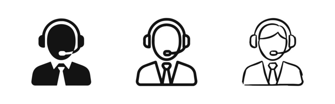Customer support agent icon set with person wearing headset in three styles