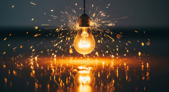 Glowing lightbulb radiating bright sparks against a warm bokeh background perfectly for representing brilliant creative minds and invention
