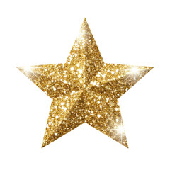 Fototapeta premium Symmetrical five-pointed star made of dense gold glitter and metallic dust on a transparent background with artistic lens flares and premium luxury atmosphere