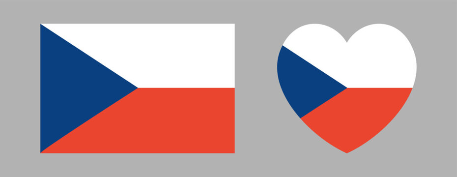 Flag of Czech Republic rectangle, heart icon, sticker. Set of National Czech Republic flag heart, rectangular button, badge. Czech flag banner, background.