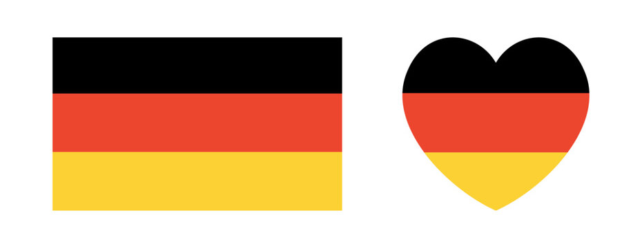 Flag of Germany rectangular, heart button, sticker, icon. Set of National flag of Germany rectangle, heart badge, banner, background.