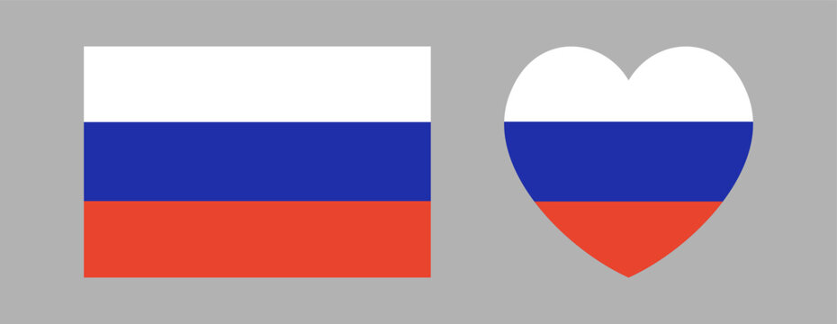 Russia flag in heart, rectangle shapes icon, sticker, badge set. National symbol of Russia rectangular, heart button, banner. Russian flag background.
