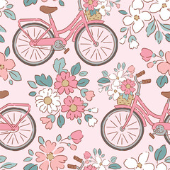 Fototapeta premium Seamless vector pattern with bike and flower bouquet. Hand drawn liberty floral with cute bicycle. Tiny floral illustration on isolated background. Perfect for textile, wallpaper or nursery print desi