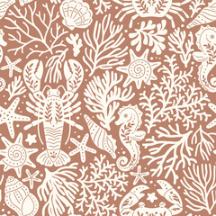 Seamless vector pattern with crab, lobster, sea horse, seashell, sea star and coral reef. Hand drawn underwater sea life illustration. Perfect for textile, wallpaper or print design. © MirabellePrint
