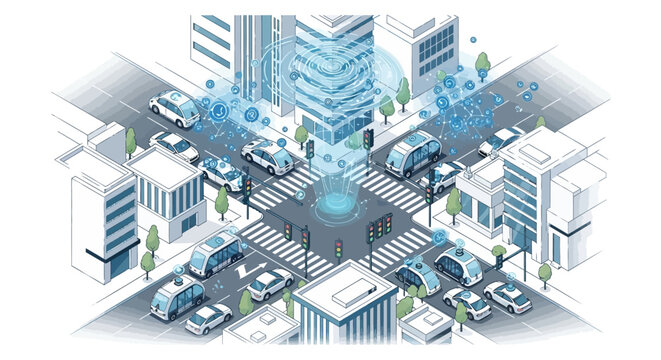 Futuristic Smart City Isometric Illustration Featuring Autonomous Vehicles, IoT Connectivity, and Intelligent Traffic Management Systems on Urban Street Intersection