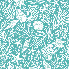 Seamless vector pattern with seashell, sea star and coral reef. Hand drawn underwater sea life illustration. Perfect for textile, wallpaper or print design. © MirabellePrint