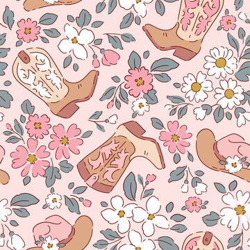 Seamless vector pattern with cowboy boots and liberty flowers. Hand drawn floral background. Perfect for textile, wallpaper or nursery print design.