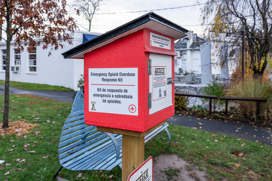 Woodstock New York - November 10 2025: Emergency Opioid Response Kit with Naloxone on a Street Corner in Woodstock New York