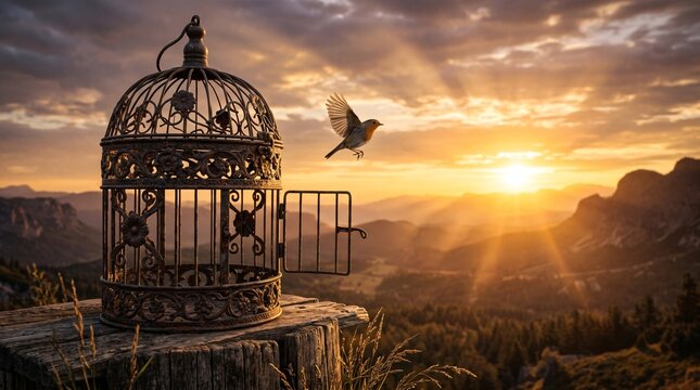 Ornate iron birdcage with its door swung open, a single bird soaring free
