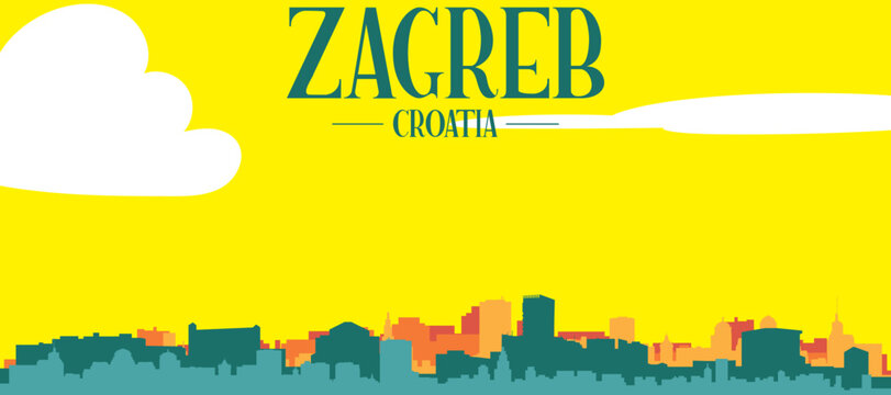 A colourful vector cityscape with sunset tones representing retro minimalist tourist poster skyline of ZAGREB, CROATIA