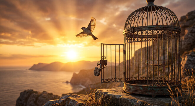 Ornate iron birdcage with its door swung open, a single bird soaring free