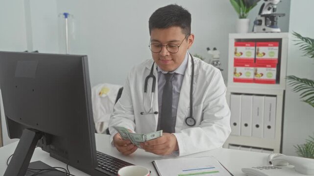 Man doctor in white coat counts dollars at computer desk in building, holding bills between fingers and checking documents; ethical concern.