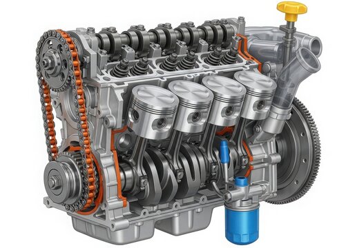 A detailed view of a complex engine with visible components and intricate details.