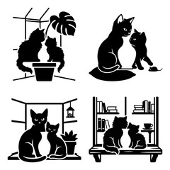 Cat family indoor silhouette icon set © PixelCraftGallery