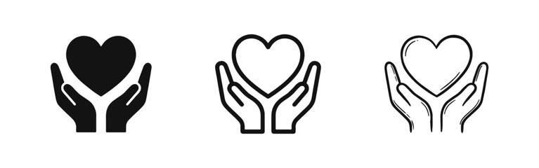 Fototapeta premium Hands Holding Heart Icons, Charity and Love Symbols in Solid Linear and Hand-Drawn Styles