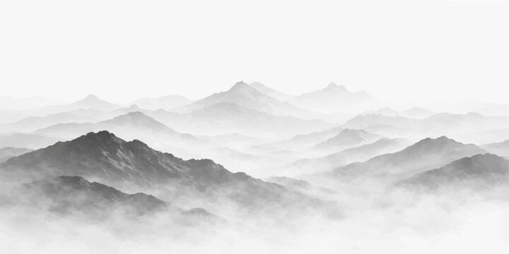 Misty mountain range background: soft grayscale peaks fading into fog with layered depth, minimalist atmospheric nature scene and calm serene landscape