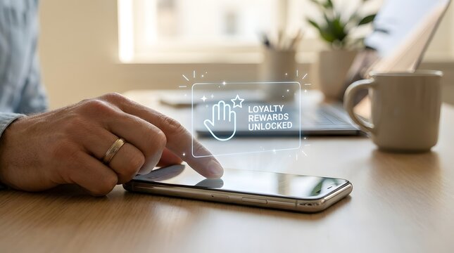 Close-up of a hand using a smartphone with a reward and loyalty icon, symbolizing point redemption, cashback offers, promo benefits, and digital membership programs.