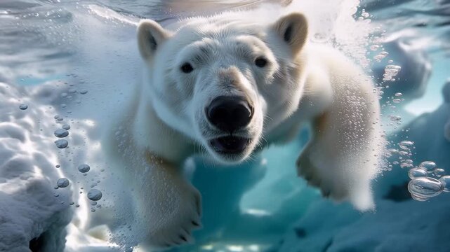 Underwater view of polar bear swimming beneath ice sheet, powerful paws paddling through crystalline arctic water, air bubbles trailing, seal breathing hole visible above, perfect