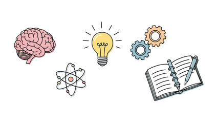 Illustrative Study: An academic composition composed of a brain, lightbulb, gear, notebook and an atom, all icons, with each element meticulously rendered in a simplified, yet vibrant, design. © ABUBAKAR