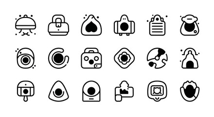 Fototapeta premium Essential black line art icon set for modern digital design, featuring common objects, food, and financial symbols for versatile use in various projects