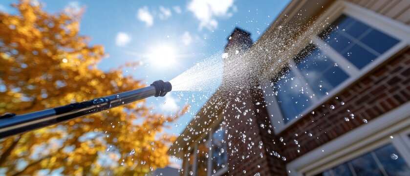 A jet of water from a hose washes over the brick wall of a house in the autumn sunshine &mdash; a dynamic backdrop for an advert for cleaning services or gardening equipment.