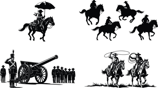 Cowboy and cavalry silhouettes set, horse riders with lasso and cannon scene isolated on white background, western culture illustration