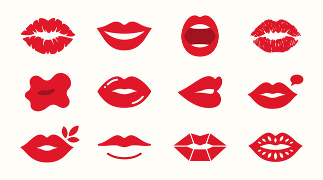 Collection of various red lipstick kiss marks and lips on white background