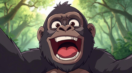 Vector cartoon illustration of a gorilla kid taking a selfie in the jungle  mischievous energy of the moment as if the monkey just discovered the camera © Pemuda