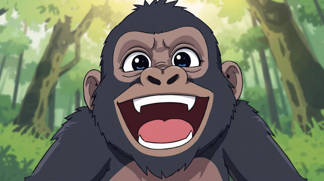 Vector cartoon illustration of a gorilla kid taking a selfie in the jungle  mischievous energy of the moment as if the monkey just discovered the camera
