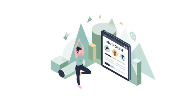 Isometric Online Yoga and Wellness Health Course Concept with Woman in Tree Pose and Digital Tablet