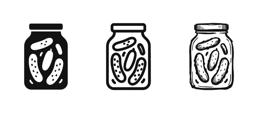 Pickle jar icon set including silhouette, thin line, and hand-drawn styles of preserved cucumbers in a glass jar.