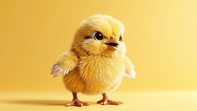 Cute fluffy yellow chick standing against bright yellow background